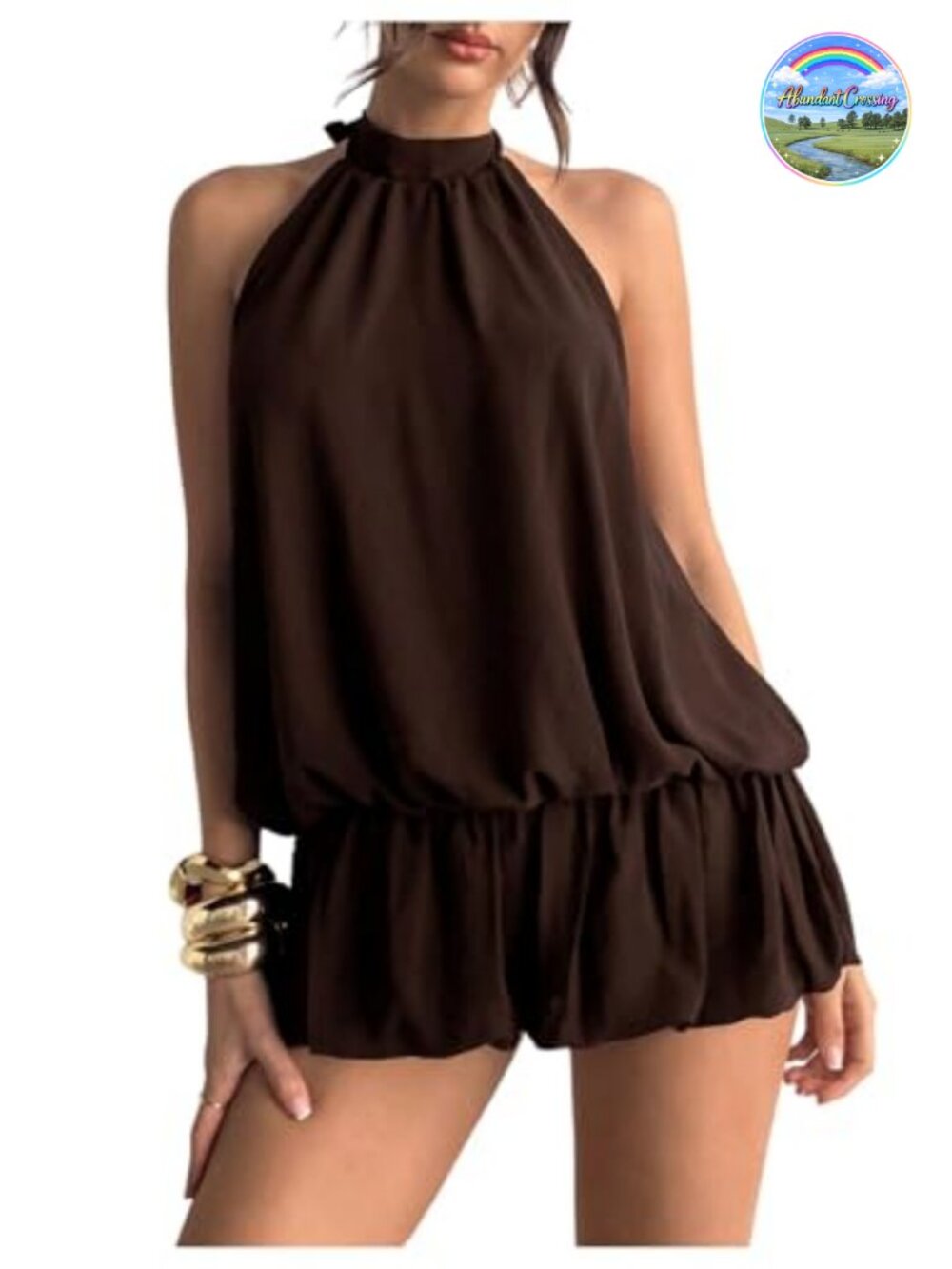 Backless Sleeveless Ruffle Bubble Hem Mesh Halter Mini Dress Flowy A-Line